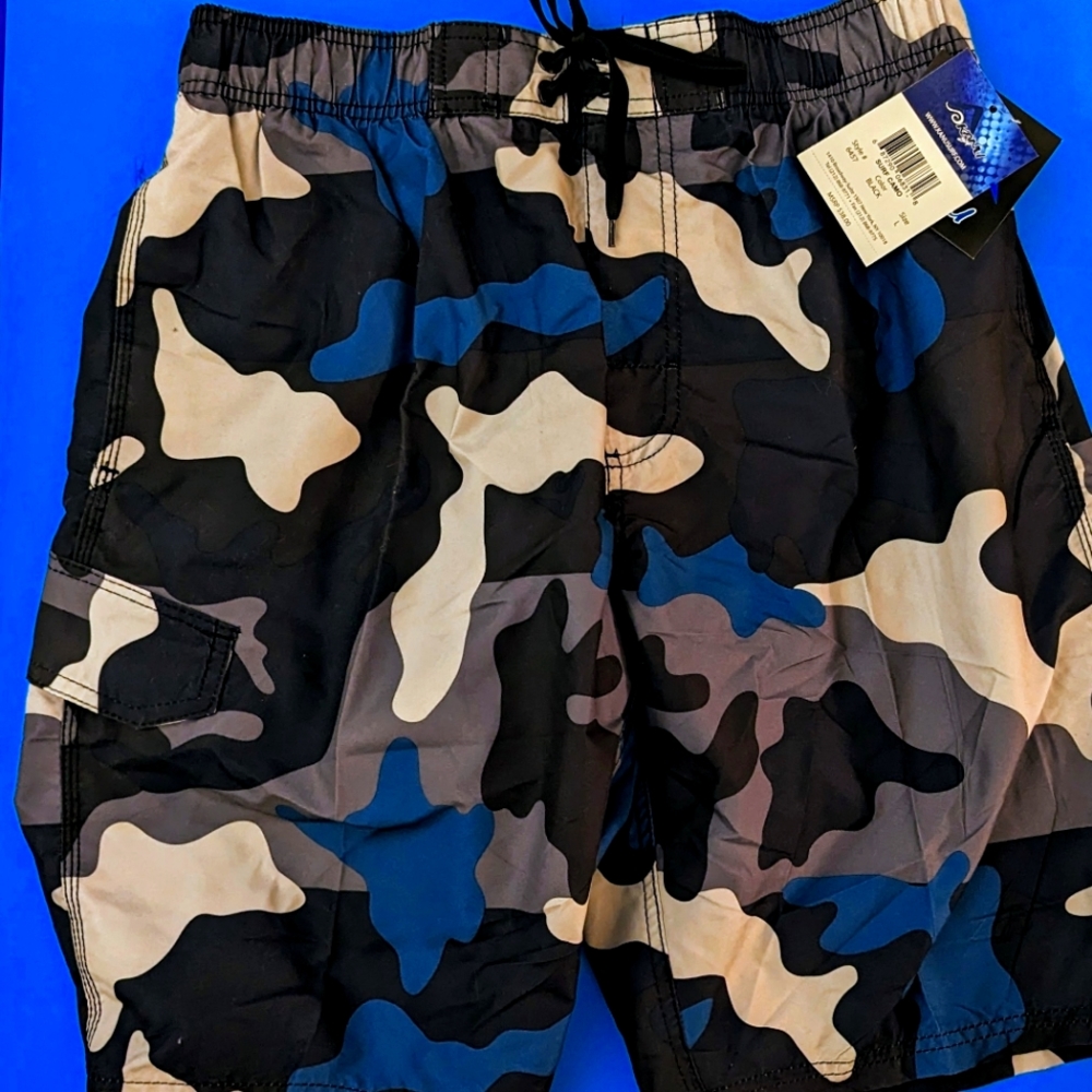 Men's Large Black, Gray, Blue Camo SwimTrunks